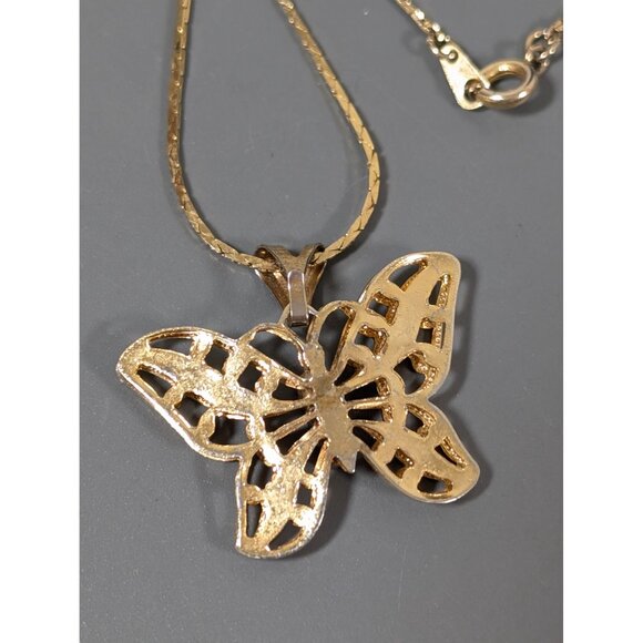 Vintage Gold Tone Butterfly Rhinestone Pendant Necklace 18" - Picture 7 of 8